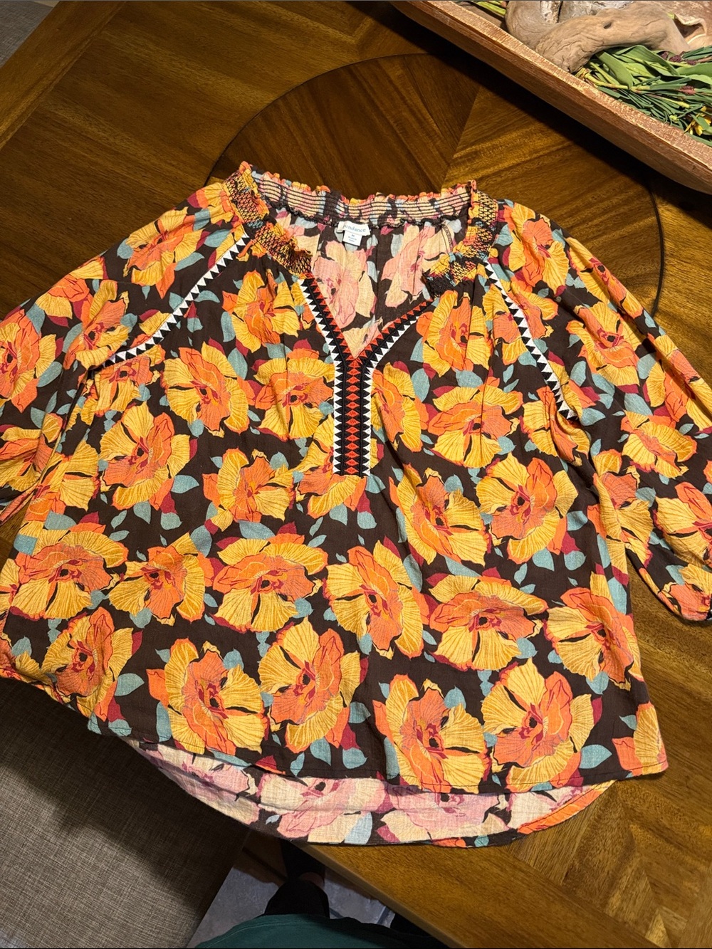 Sundance Floral Split-Neck Peasant Top - Orange Floral